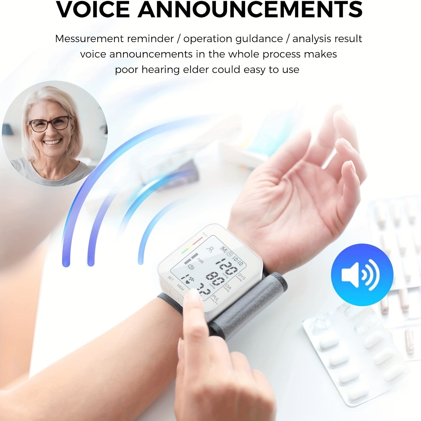GENIAL Wrist Blood Pressure Monitor with Large LCD Display & Voice Guidance - Adjustable Cuff (5.31-7.68 Inch), Auto Inflation, 99x2 Memory, High Blood Pressure Alert, Portable with Carrying Case for Home Use, Health Monitoring, Userfriendly Design,
