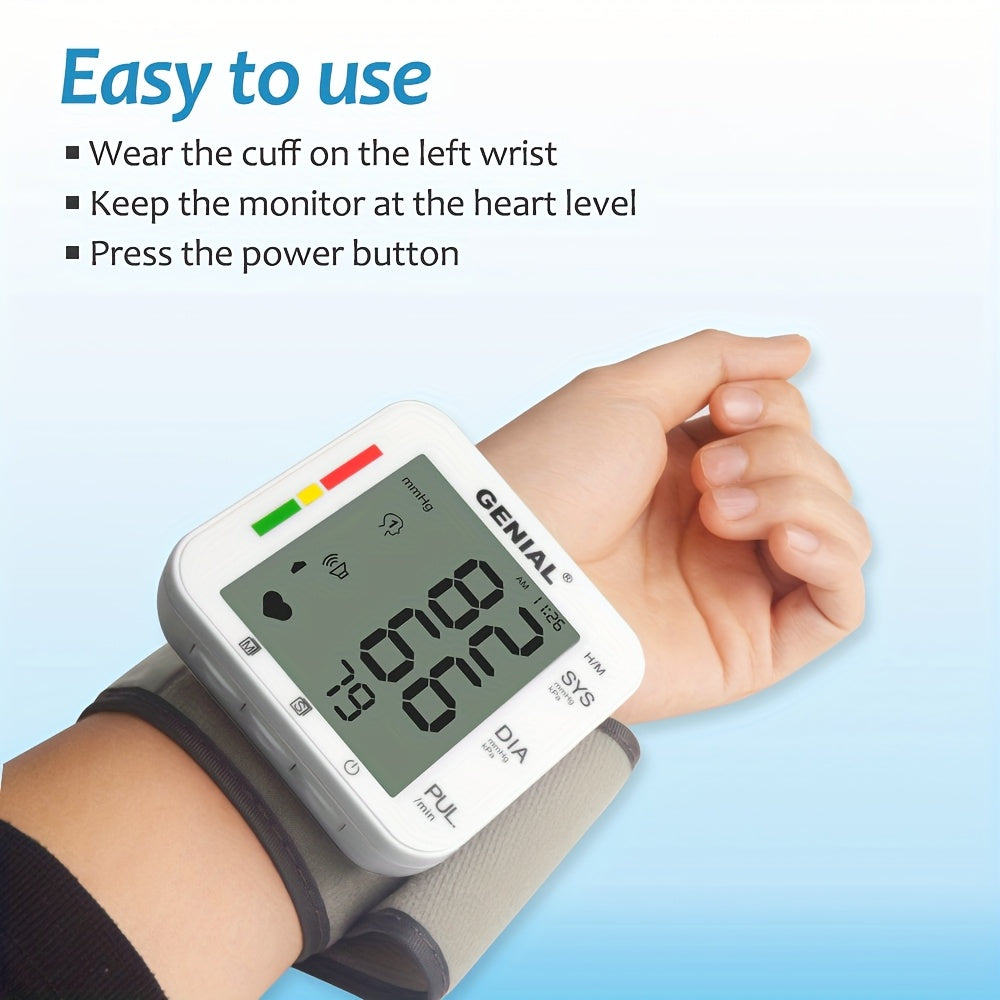 GENIAL Wrist Blood Pressure Monitor with Large LCD Display & Voice Guidance - Adjustable Cuff (5.31-7.68 Inch), Auto Inflation, 99x2 Memory, High Blood Pressure Alert, Portable with Carrying Case for Home Use, Health Monitoring, Userfriendly Design,
