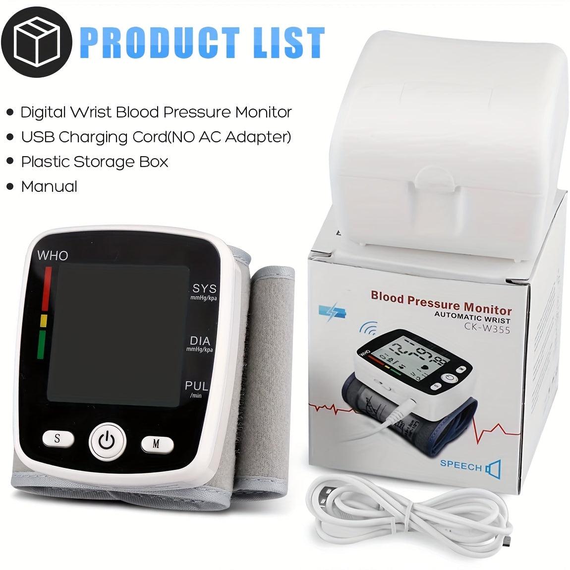 CHANG KUN Wrist Blood Pressure Monitor Digital BP Machine with Large LCD Display, Voice Broadcast, 2x99 Readings Memory, Adjustable 5.4"-7.7" Cuff, USB Rechargeable & Portable for Home/Travel (CK-W355), Blood Pressure Machine for Adults
