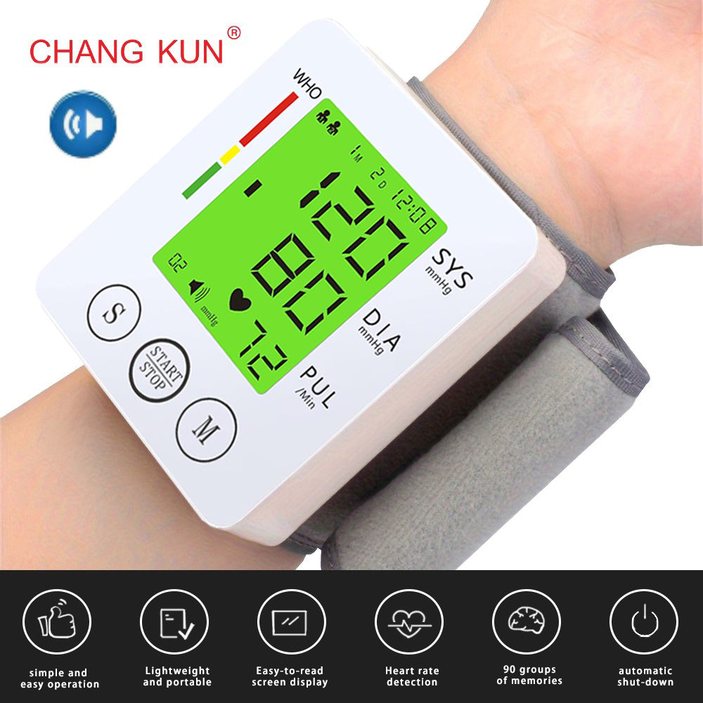 CHANG KUN Wrist Blood Pressure Monitor - Large LCD, Voice Broadcast, One-Button Operation, Heart Rate & BP Readings, Adjustable Cuff, Portable, AAA Powered, Irregular Heartbeat Reminder, 3-Color Backlight, Carrying Case Included