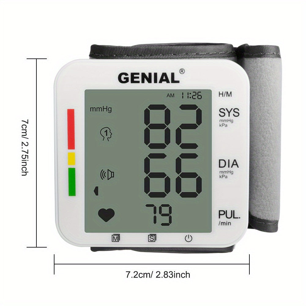 GENIAL Wrist Blood Pressure Monitor with Large LCD Display & Voice Guidance - Adjustable Cuff (5.31-7.68 Inch), Auto Inflation, 99x2 Memory, High Blood Pressure Alert, Portable with Carrying Case for Home Use, Health Monitoring, Userfriendly Design,