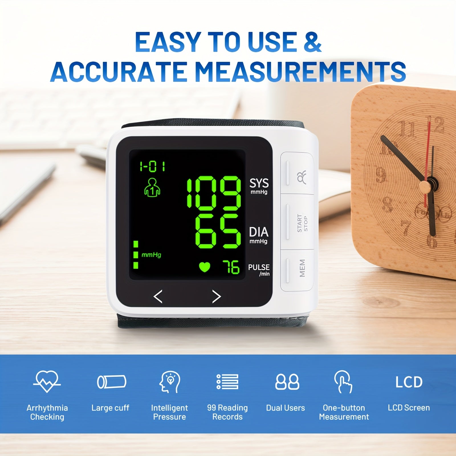 Blood Pressure Monitor Wrist For Home Use 2x99 Memory Adjustable Cuff Digital Automatic Cuff Blood Pressure Machine Large Screen Backlight Display With Storage Bag