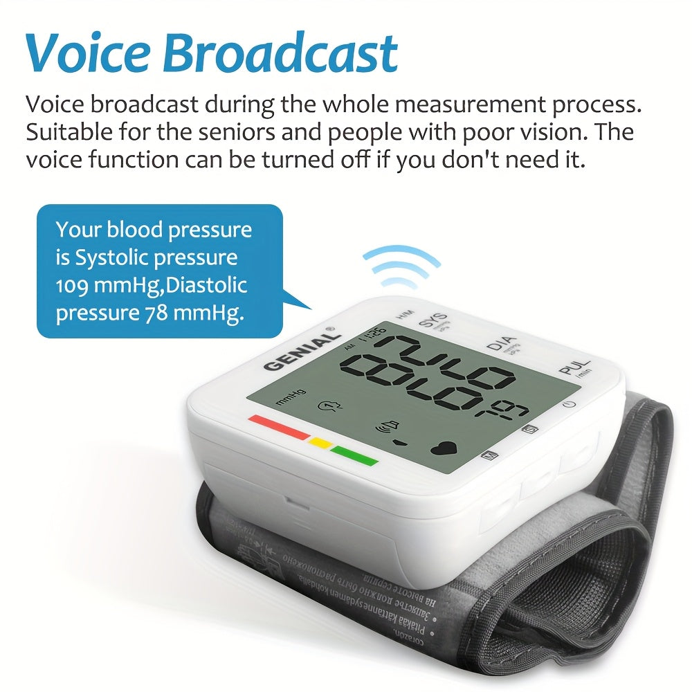 GENIAL Wrist Blood Pressure Monitor with Large LCD Display & Voice Guidance - Adjustable Cuff (5.31-7.68 Inch), Auto Inflation, 99x2 Memory, High Blood Pressure Alert, Portable with Carrying Case for Home Use, Health Monitoring, Userfriendly Design,