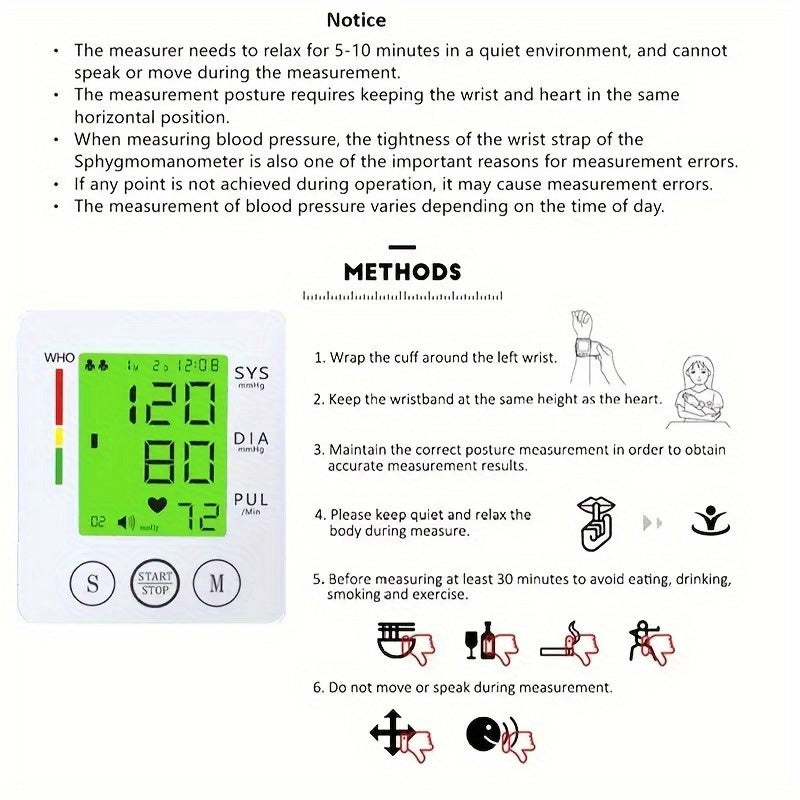 Automatic Wrist Blood Pressure Monitor with Voice Guidance & Large LCD Backlight Display - Talking BP Cuff with Memory Storage, Irregular Heartbeat Detection, Adjustable Cuff Sizes, Portable Home Use Monitor with Carrying Case & Batteries Included (AAA)