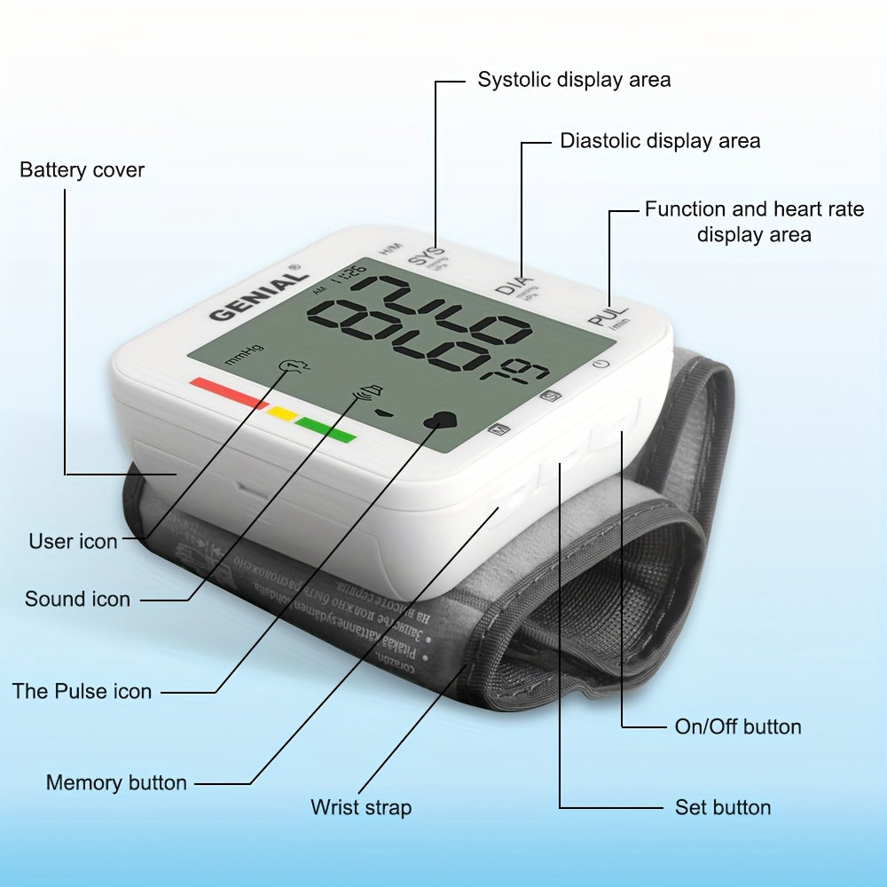 GENIAL Wrist Blood Pressure Monitor with Large LCD Display & Voice Guidance - Adjustable Cuff (5.31-7.68 Inch), Auto Inflation, 99x2 Memory, High Blood Pressure Alert, Portable with Carrying Case for Home Use, Health Monitoring, Userfriendly Design,