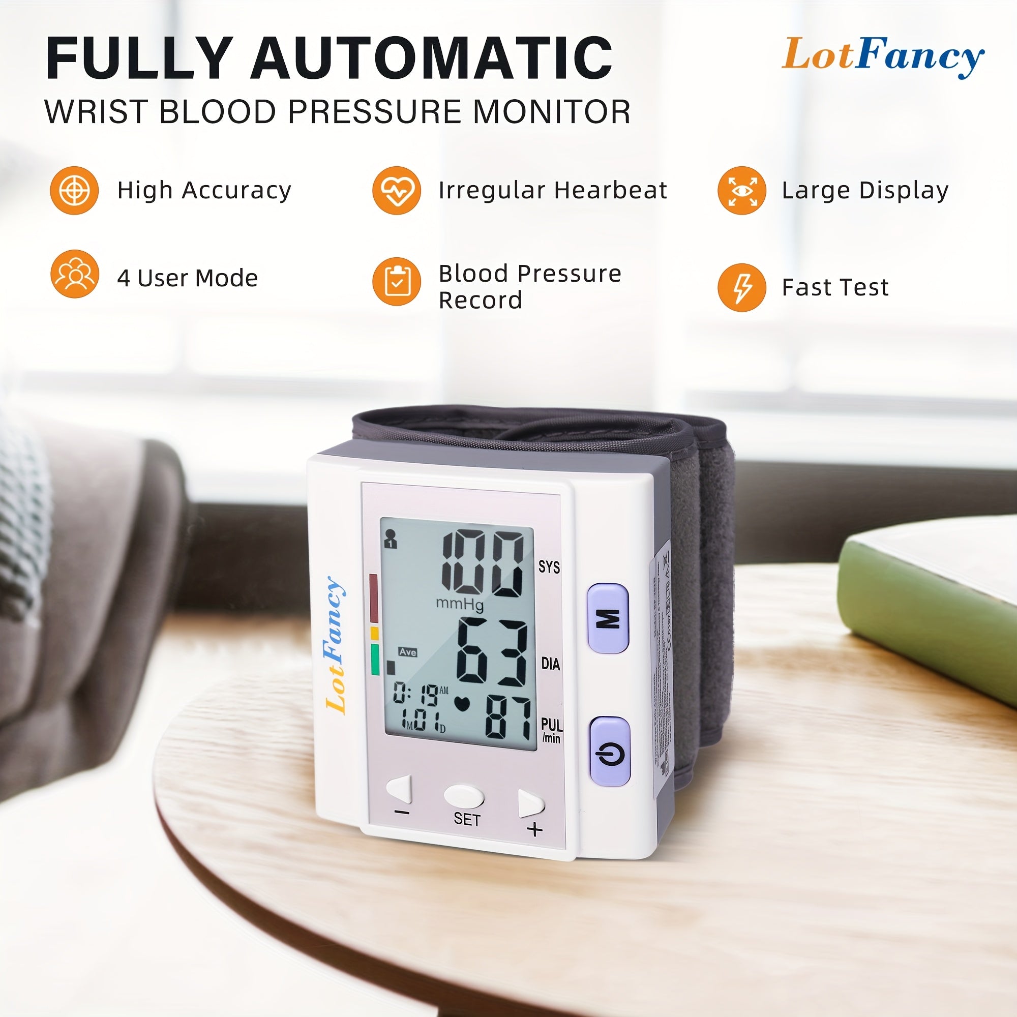 Wrist Blood Pressure Monitor, BP Cuff, Automatic Digital Blood Pressure Machine, BP Monitor, 5.3"-8.5", 4 Users, 120 Memory, Large Screen
