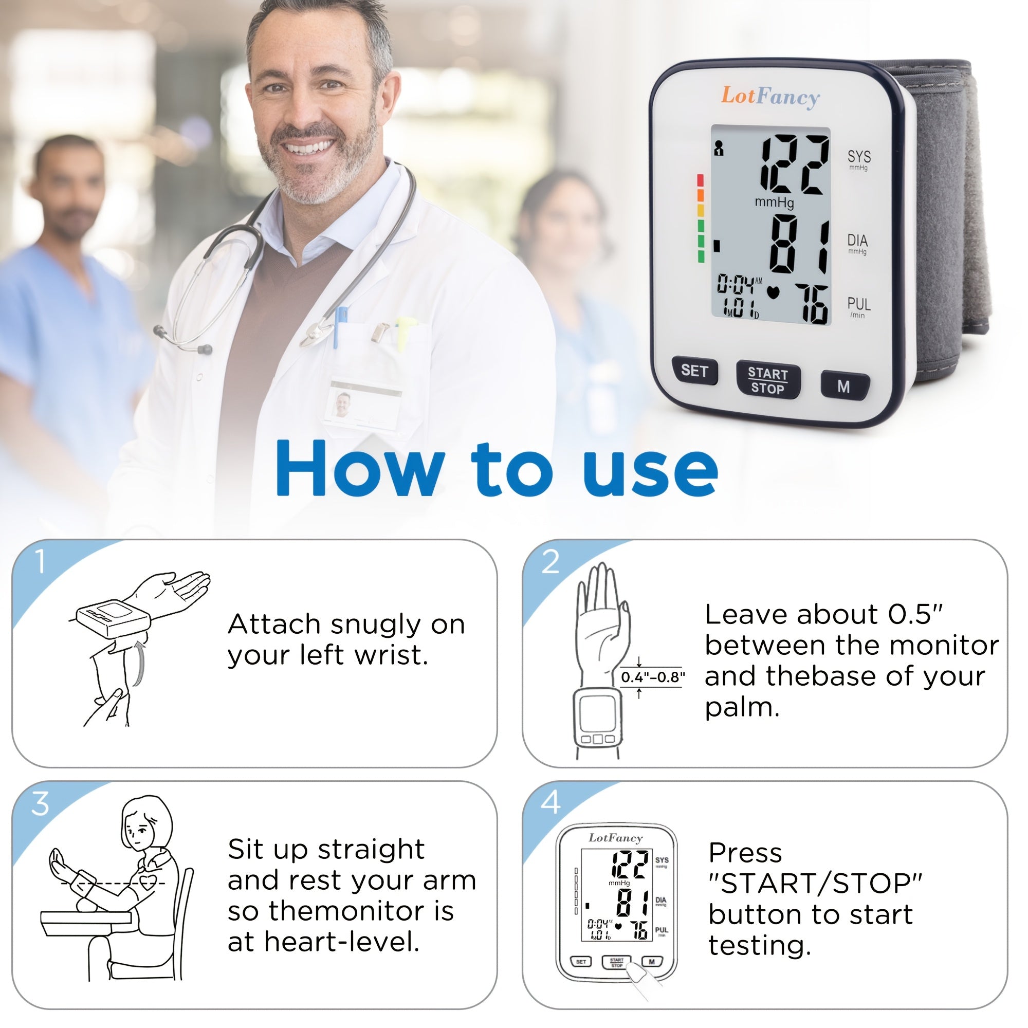 Automatic Digital Wrist Blood Pressure Monitor with Large LCD Display & Adjustable Cuff - Accurate, Quick Response, Easy to Use for Adults, 36V or Below, Battery Operated (Batteries Not Included), Blood Pressure Monitor for Adults, Health Monitoring,