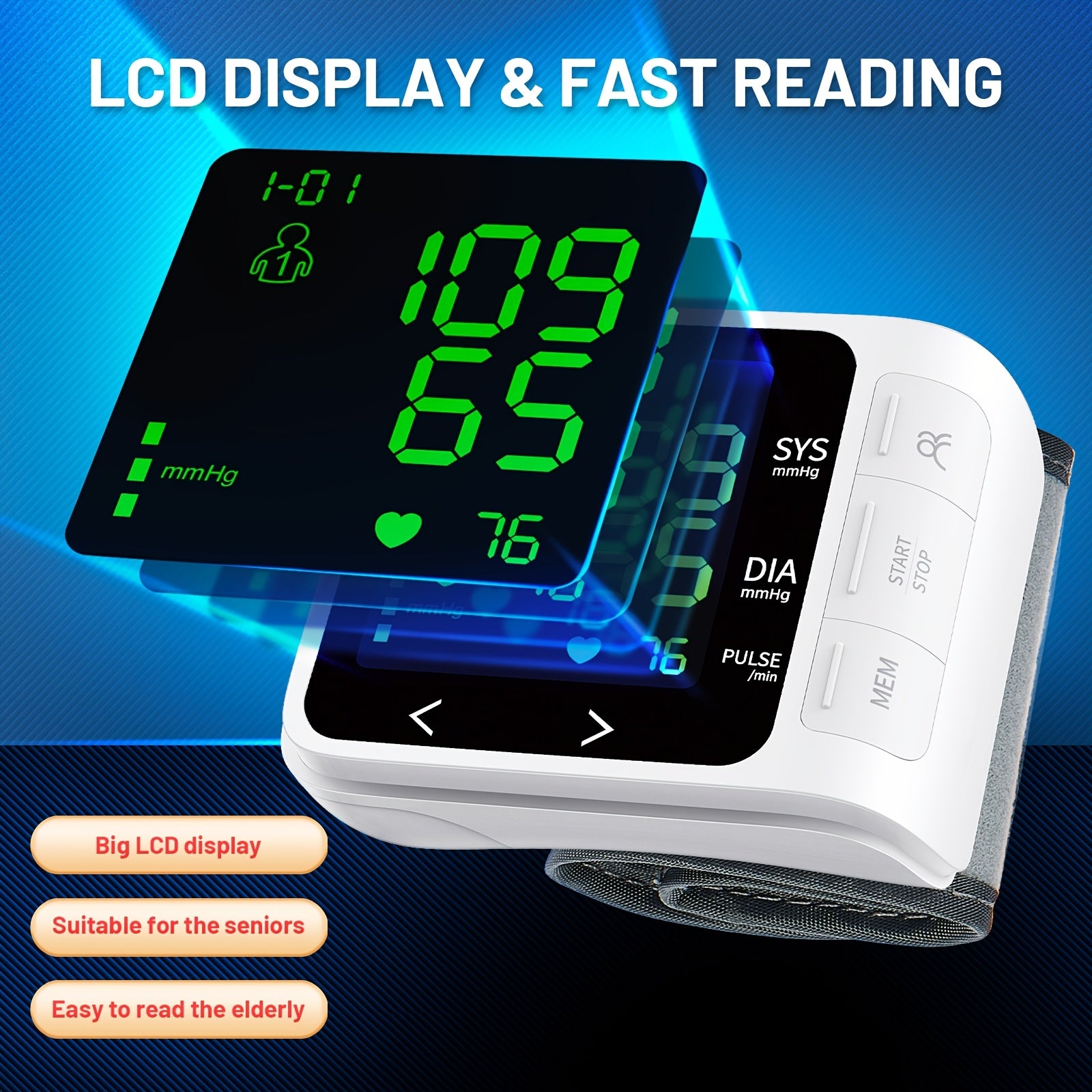 Blood Pressure Monitor Wrist For Home Use 2x99 Memory Adjustable Cuff Digital Automatic Cuff Blood Pressure Machine Large Screen Backlight Display With Storage Bag