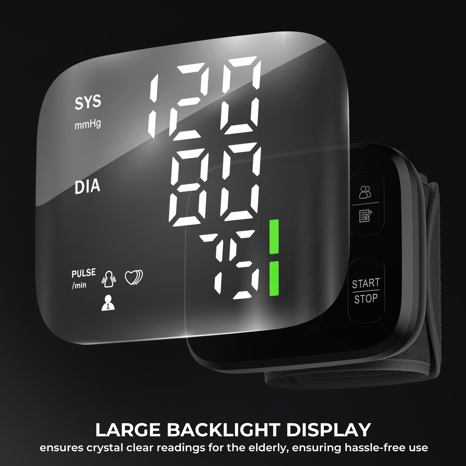 Blood Pressure Machine for Adults Portable Wrist Blood Pressure Monitor with LED Backlit Display, Dual User Memory (240 Readings), One-Touch Operation, Adjustable Cuff for Fits 4.9"-8.5", Battery Operated, Battery Not Included.