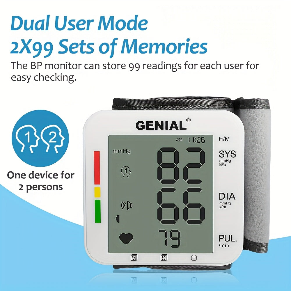 GENIAL Wrist Blood Pressure Monitor with Large LCD Display & Voice Guidance - Adjustable Cuff (5.31-7.68 Inch), Auto Inflation, 99x2 Memory, High Blood Pressure Alert, Portable with Carrying Case for Home Use, Health Monitoring, Userfriendly Design,