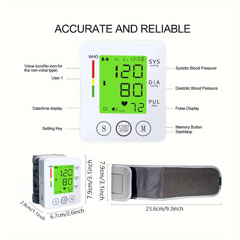 CHANG KUN Wrist Blood Pressure Monitor - Large LCD, Voice Broadcast, One-Button Operation, Heart Rate & BP Readings, Adjustable Cuff, Portable, AAA Powered, Irregular Heartbeat Reminder, 3-Color Backlight, Carrying Case Included