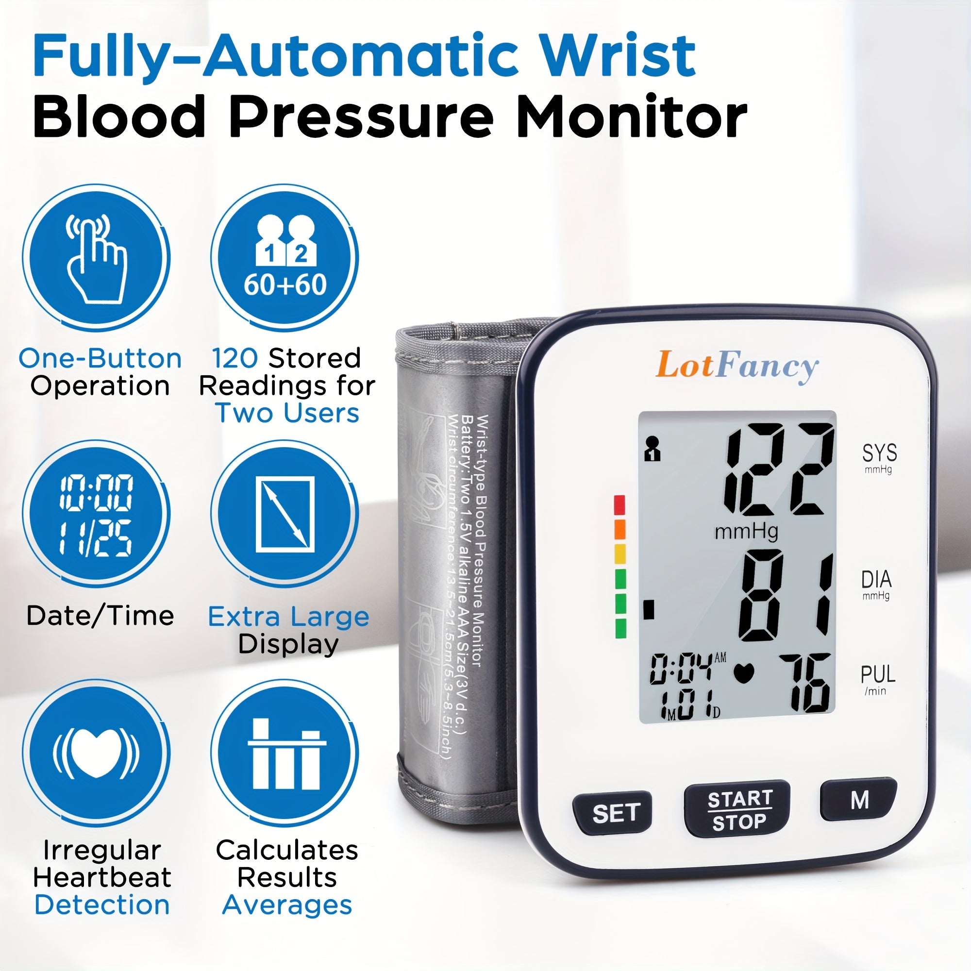 Automatic Digital Wrist Blood Pressure Monitor with Large LCD Display & Adjustable Cuff - Accurate, Quick Response, Easy to Use for Adults, 36V or Below, Battery Operated (Batteries Not Included), Blood Pressure Monitor for Adults, Health Monitoring,