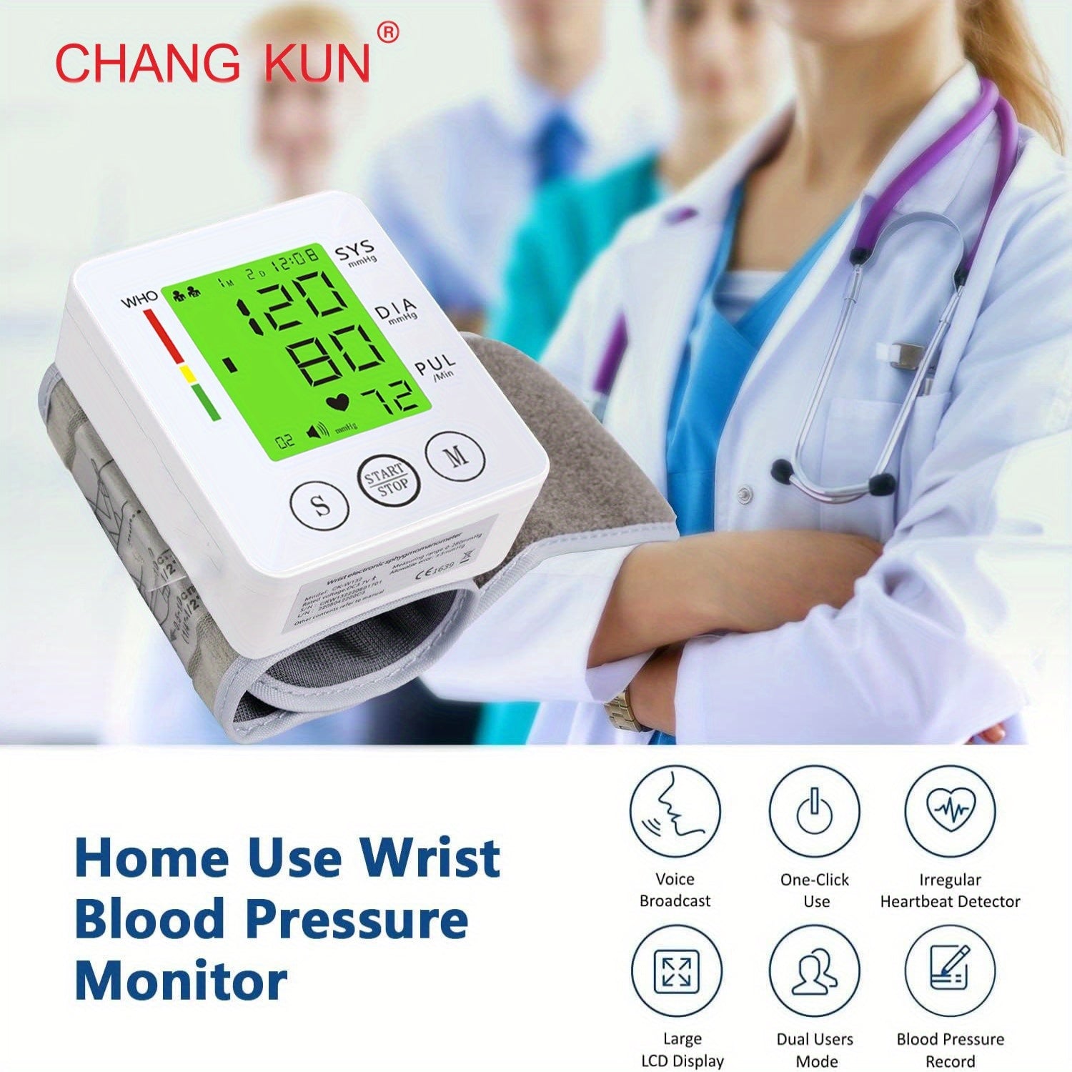 CHANG KUN Automatic Wrist Blood Pressure Monitor with Voice & Color Screen - Talking Blood Pressure Cuff, Large LCD Display, Adjustable Cuffs, Battery-Powered for Home Use, Includes Carrying Case, Blood Pressure Monitor, Medical Device, Modern Medical