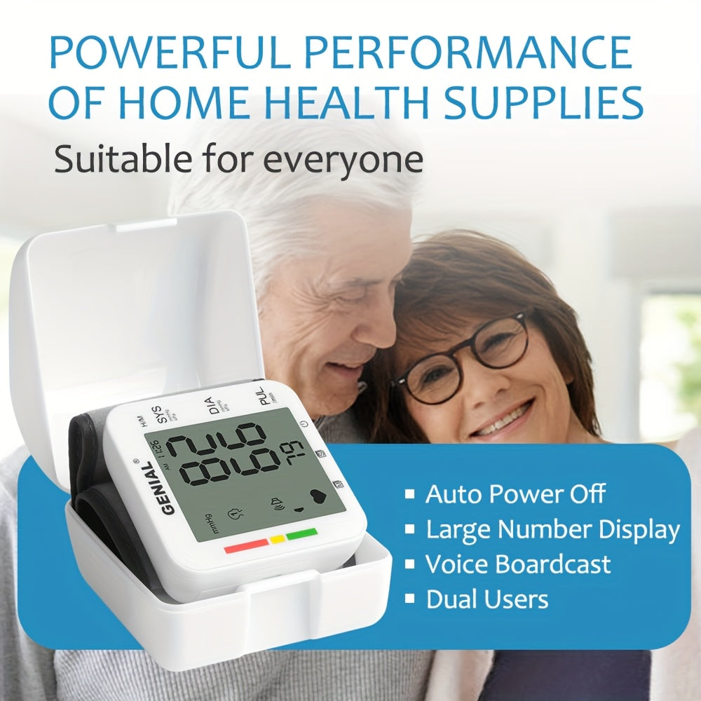 GENIAL Wrist Blood Pressure Monitor with Large LCD Display & Voice Guidance - Adjustable Cuff (5.31-7.68 Inch), Auto Inflation, 99x2 Memory, High Blood Pressure Alert, Portable with Carrying Case for Home Use, Health Monitoring, Userfriendly Design,