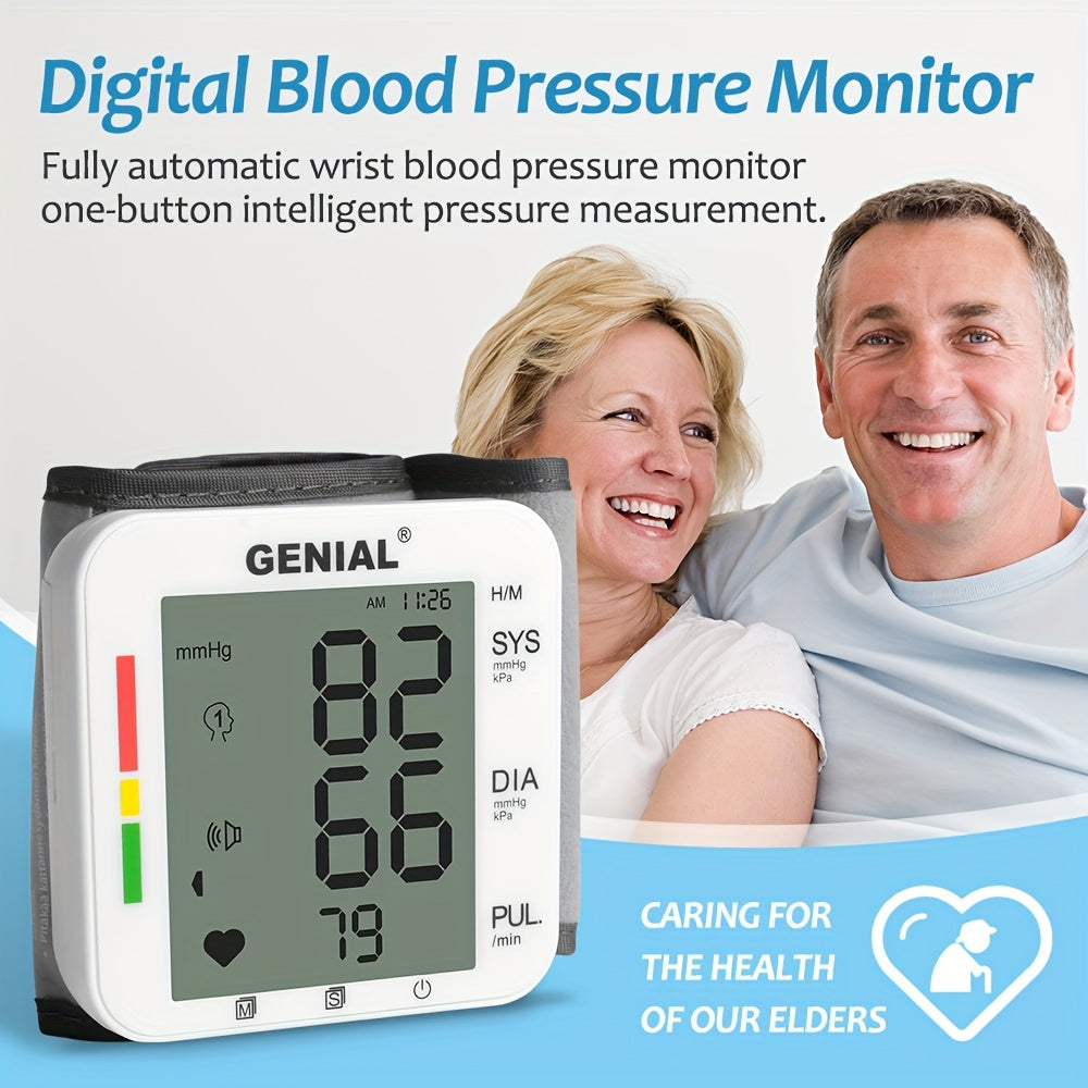 GENIAL Wrist Blood Pressure Monitor with Large LCD Display & Voice Guidance - Adjustable Cuff (5.31-7.68 Inch), Auto Inflation, 99x2 Memory, High Blood Pressure Alert, Portable with Carrying Case for Home Use, Health Monitoring, Userfriendly Design,