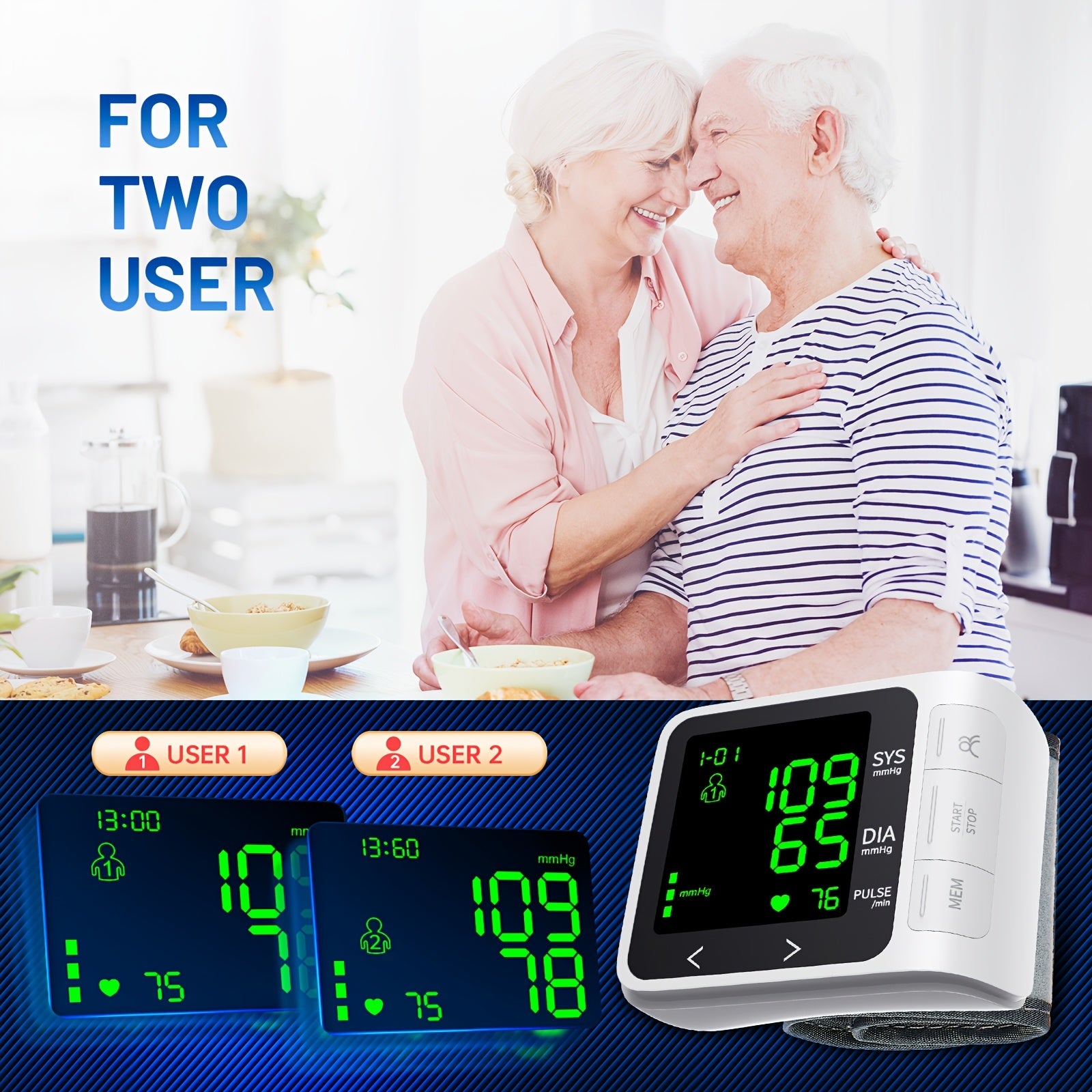 Blood Pressure Monitor Wrist For Home Use 2x99 Memory Adjustable Cuff Digital Automatic Cuff Blood Pressure Machine Large Screen Backlight Display With Storage Bag