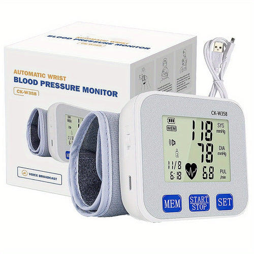 1pc CHANGKUN Rechargeable Automatic Wrist Blood Pressure Monitor - Digital Sphygmomanometer with Voice, Large LCD Display, Adjustable Cuff & USB Charging for Adults, Fitness Tracker | Sleek Wrist Device | Clear LCD Display, Blood Pressure Wrist Monitor