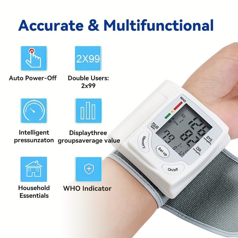 Automatic Wrist Blood Pressure Monitor with Large LCD Screen - Adjustable Cuff, Pulse Rate Detection, Irregular Heartbeat Alert, Battery-Powered (Batteries Not Included), Safe for Adults, 36V Or Lower, President's Day And Start Of School Season