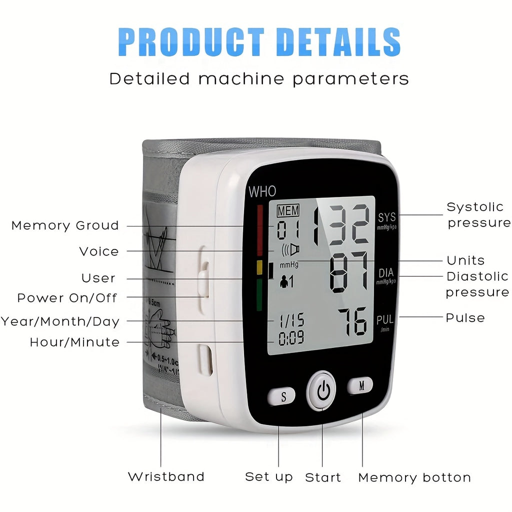 CHANG KUN Rechargeable Digital Wrist Blood Pressure Monitor with Voice Broadcast, Large LCD Display, Portable USB Charging, 198-Reading Memory Storage & Adjustable Cuff - FDA-Cleared for Home Health Monitoring, Blood Pressure Monitor Wrist Cuff Automatic,