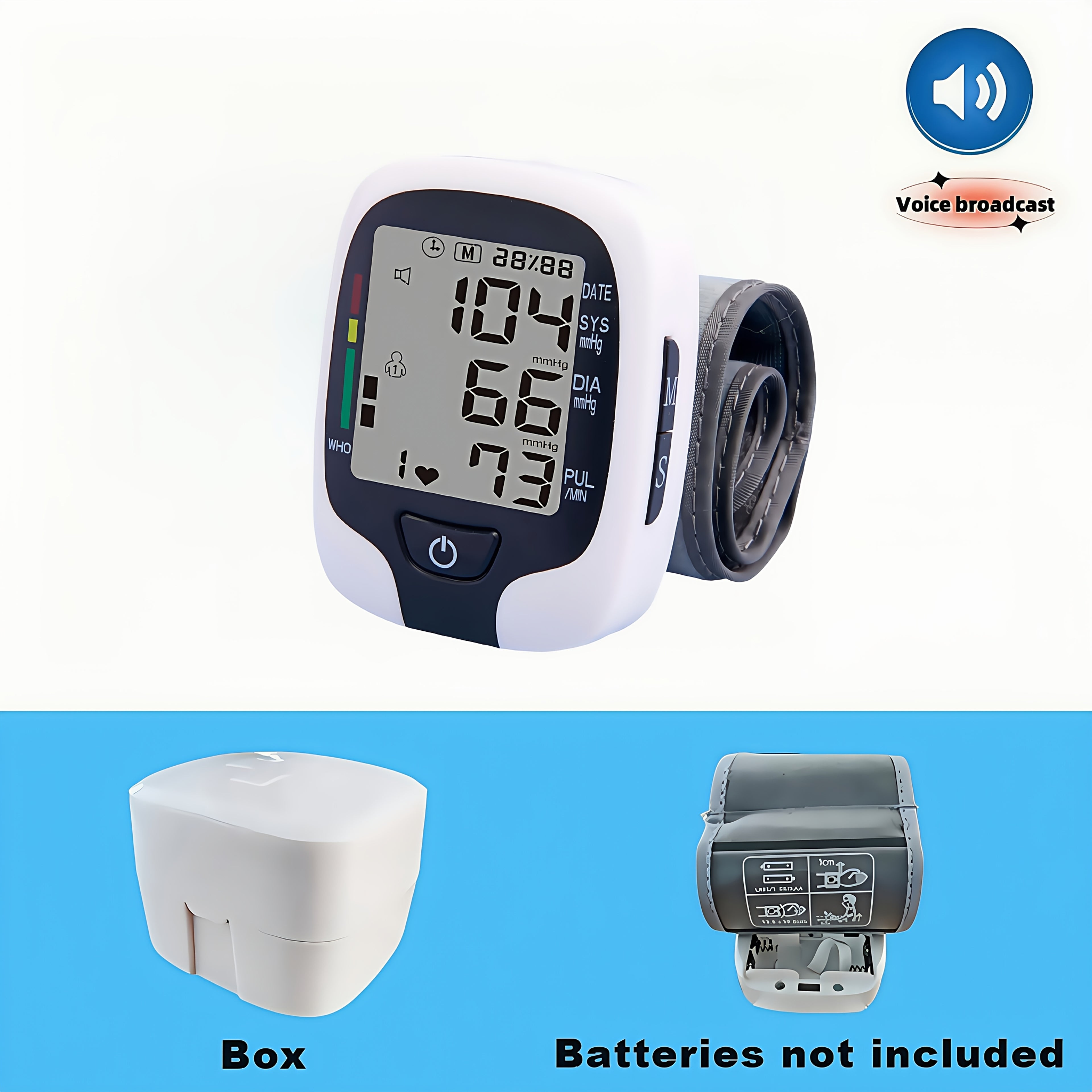 Easy-to-use Wrist Blood Pressure Monitor - LCD Display, Adjustable Cuffs, Arrhythmia And Hypertension Monitor, Clear Voice Broadcast And Easy-to-Read LCD Screen to Show Your Blood Pressure. Battery Powered (Battery Not Included)