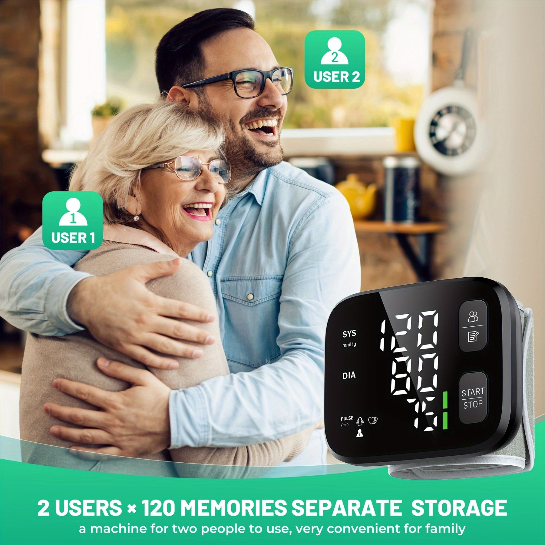 Blood Pressure Machine for Adults Portable Wrist Blood Pressure Monitor with LED Backlit Display, Dual User Memory (240 Readings), One-Touch Operation, Adjustable Cuff for Fits 4.9"-8.5", Battery Operated, Battery Not Included.