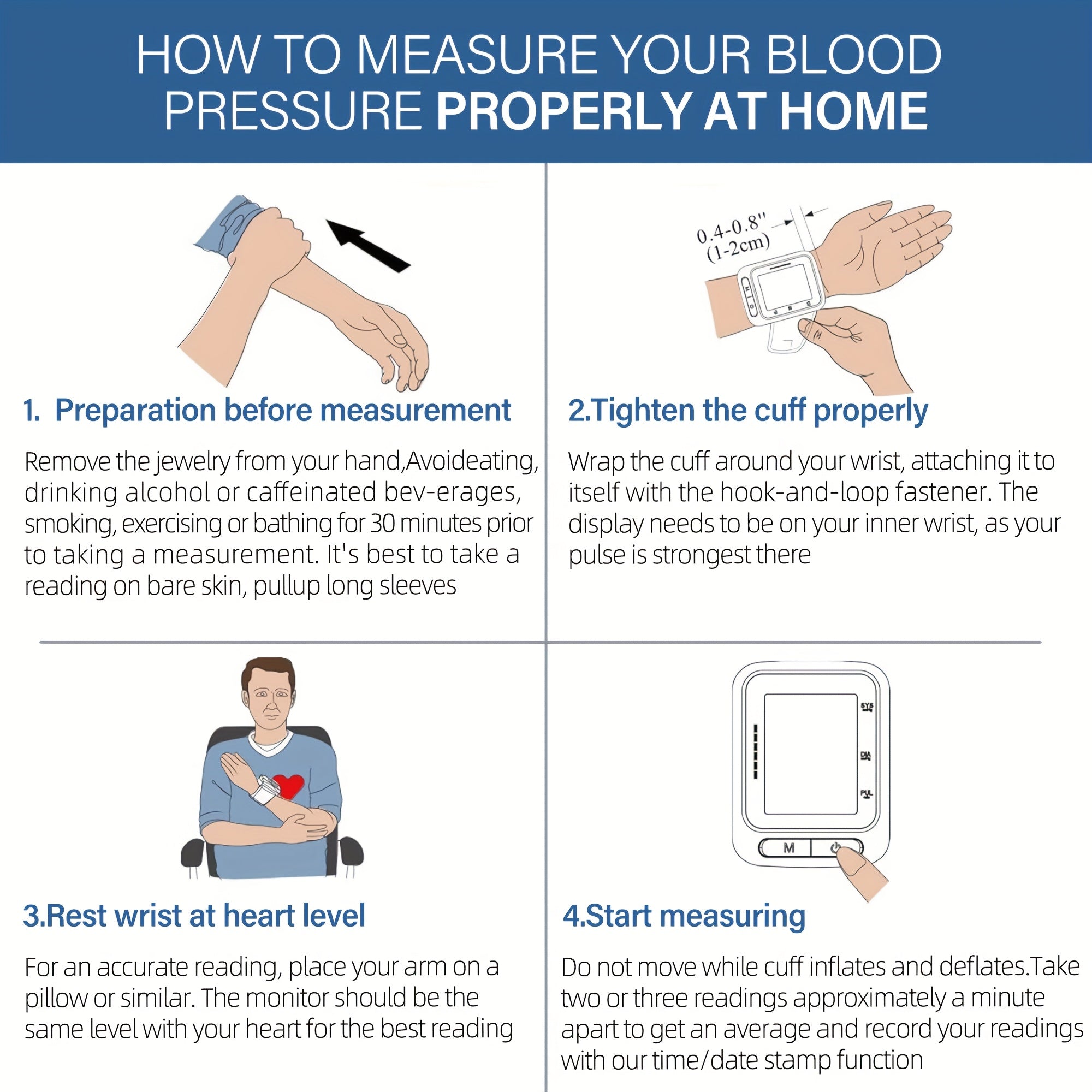 Wrist Blood Pressure Monitor, BP Cuff, Automatic Digital Blood Pressure Machine, BP Monitor, 5.3"-8.5", 4 Users, 120 Memory, Large Screen