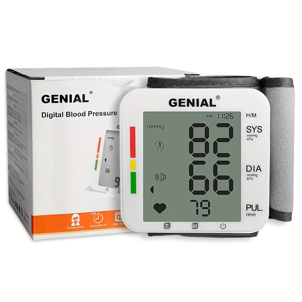 GENIAL Wrist Blood Pressure Monitor with Large LCD Display & Voice Guidance - Adjustable Cuff (5.31-7.68 Inch), Auto Inflation, 99x2 Memory, High Blood Pressure Alert, Portable with Carrying Case for Home Use, Health Monitoring, Userfriendly Design,