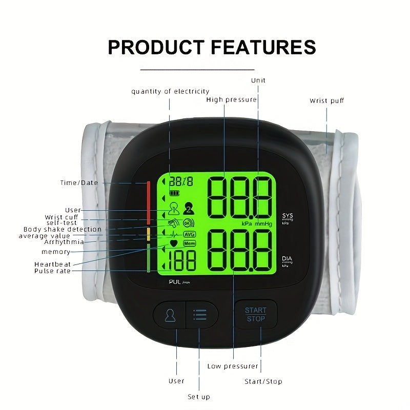 Digital Wrist Blood Pressure Monitor With Automatic Cuff, Featuring 240 Memory Storage Capacity, Equipped With A Large Backlit LCD Display, Black Device Comes With An Adjustable Comfort-fit Grey Cuff, Batteries Not Included.