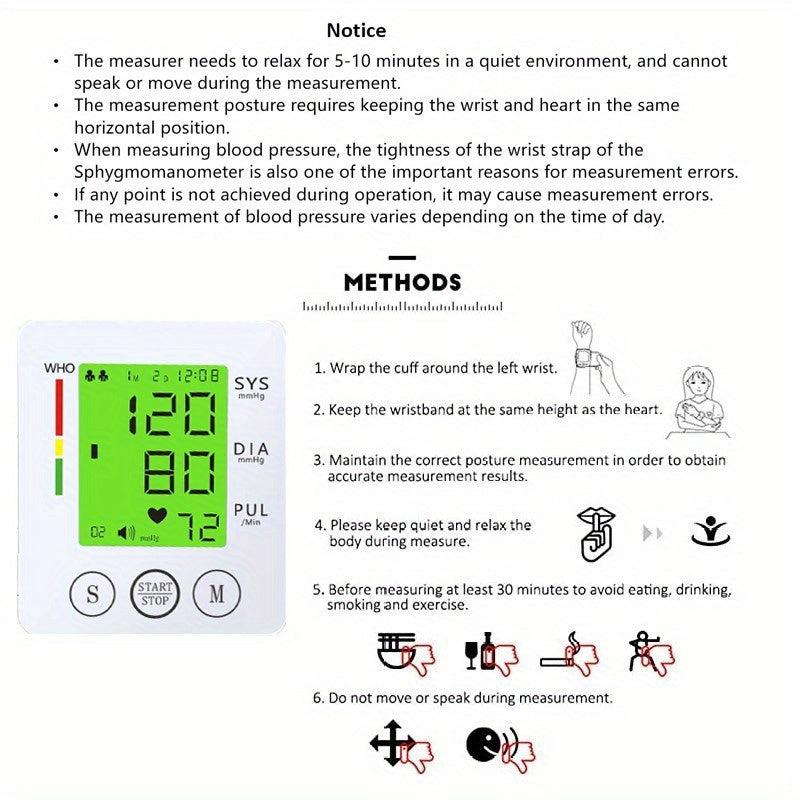 CHANG KUN Wrist Blood Pressure Monitor - Large LCD, Voice Broadcast, One-Button Operation, Heart Rate & BP Readings, Adjustable Cuff, Portable, AAA Powered, Irregular Heartbeat Reminder, 3-Color Backlight, Carrying Case Included